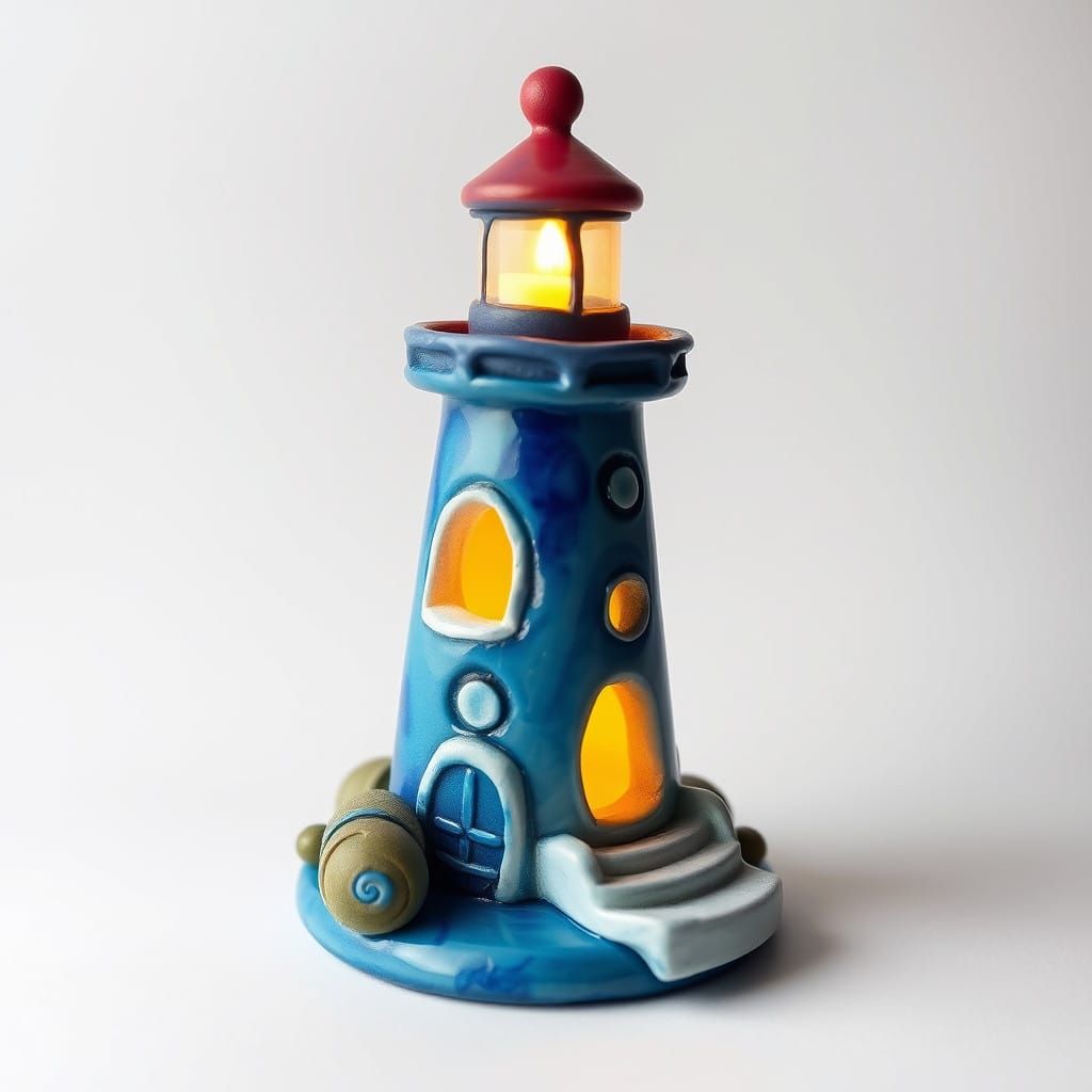 Child's Handmade Blue Clay Lighthouse with Vibrant Candle Gl...