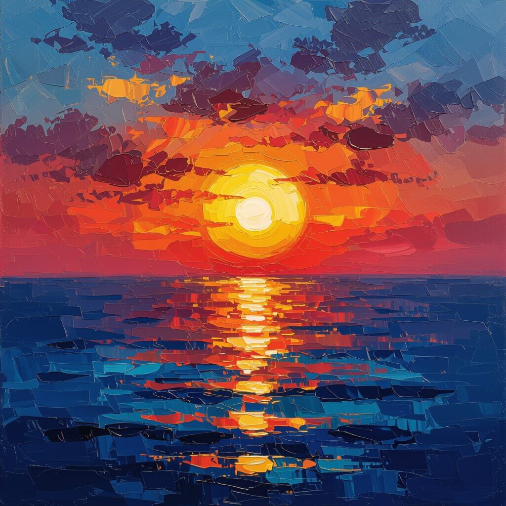 Vibrant Sunset Over Peacock Blue Ocean Impasto Painting