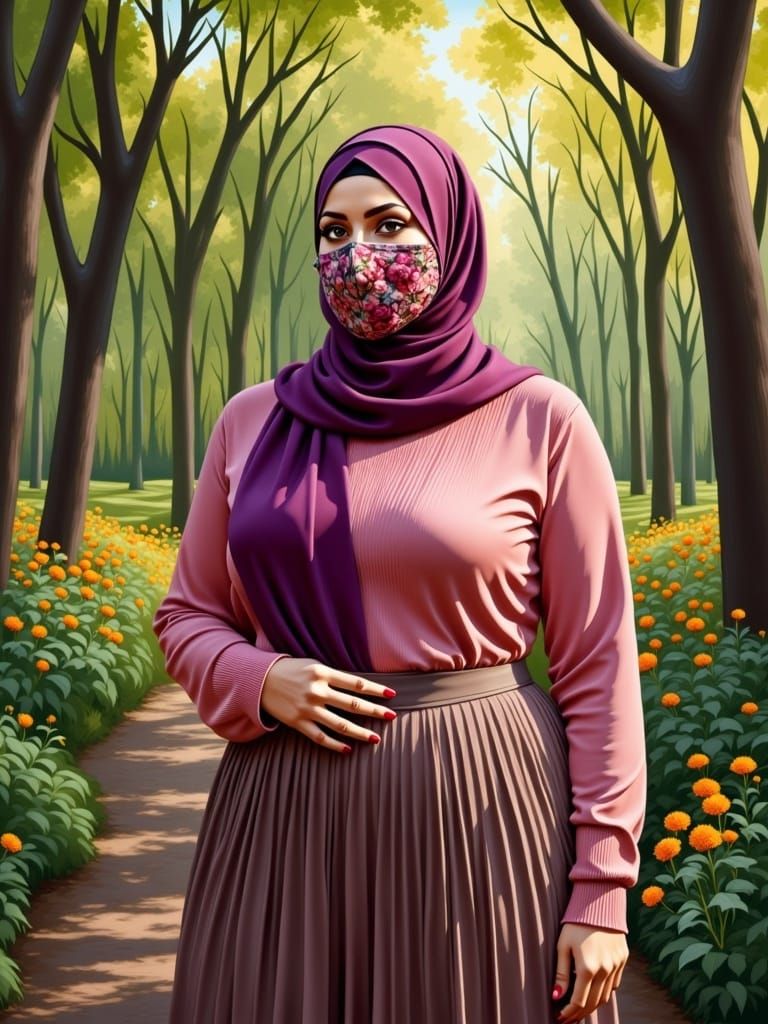 Woman in Hijab and Mask in Forest, Oil Painting