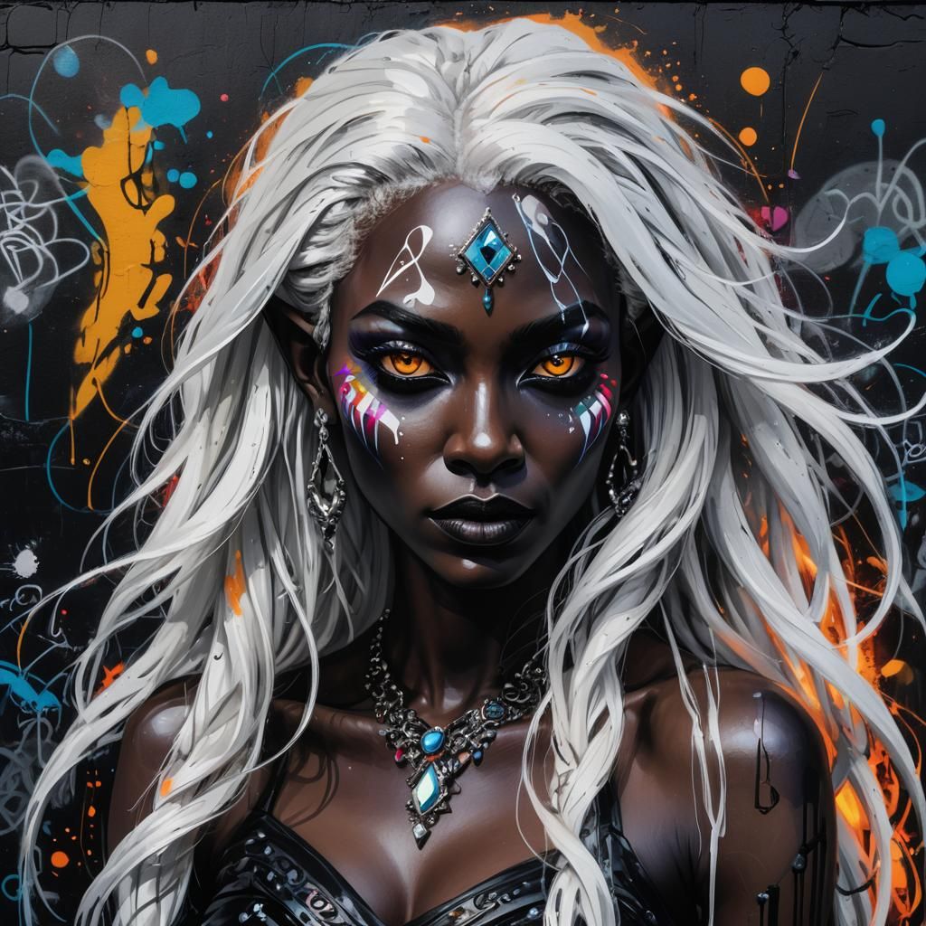 Dark Elf Portrait in Vibrant Graffiti Art Style