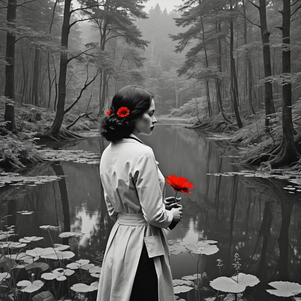 Surreal Collage: Woman with Red Flower