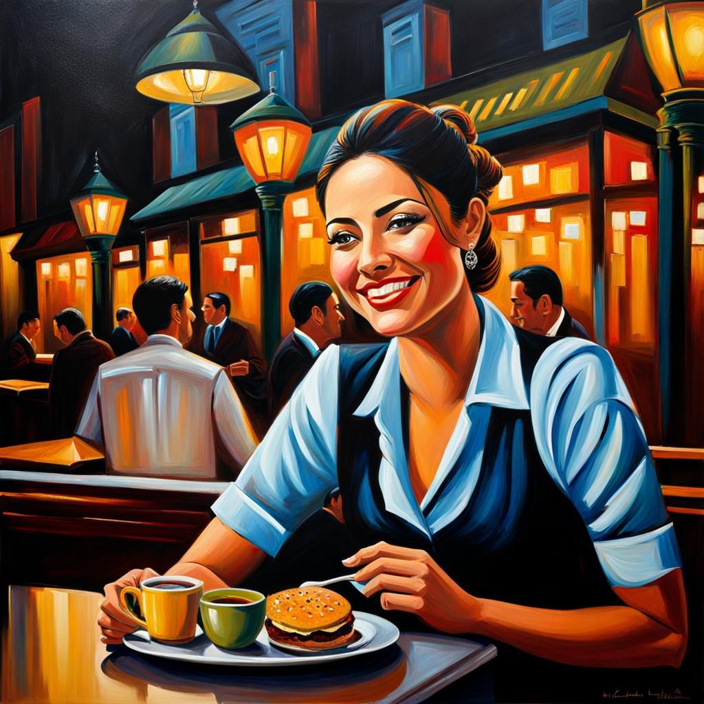 Smiling Waitress at Late-Night Café in Acrylic Art