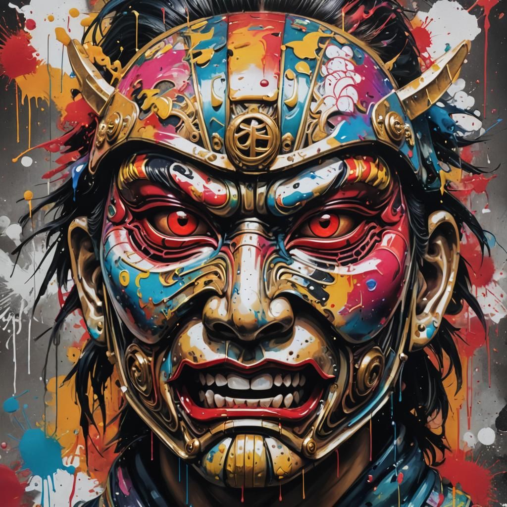 Japanese Warrior Mask in Graffiti Street Art Style