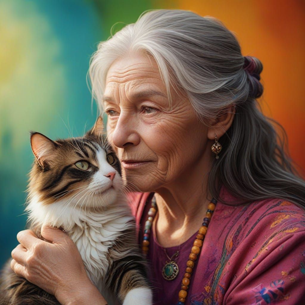 Gentle Elderly Lady Interacting with a Luminous Long Haired....