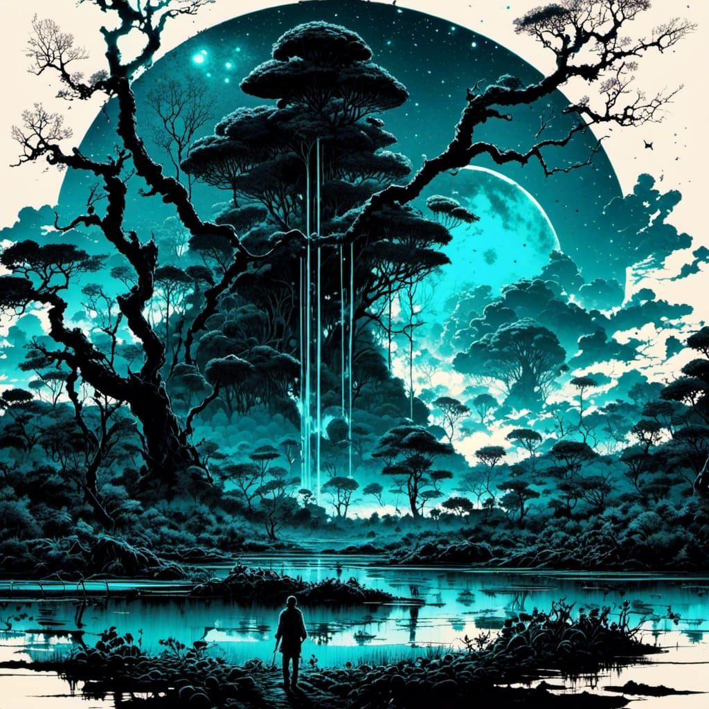 Surreal Cyan Landscape in Anime Style