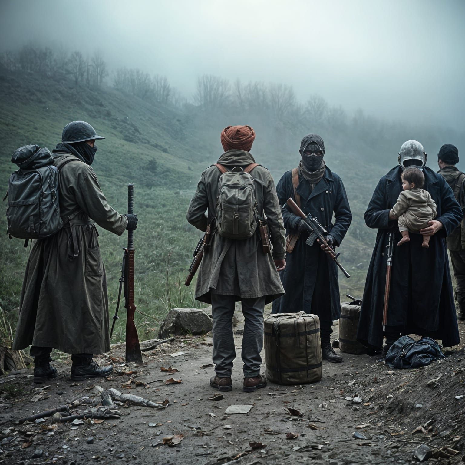 Dystopian Travelers Resting in Silent, Misty Landscape