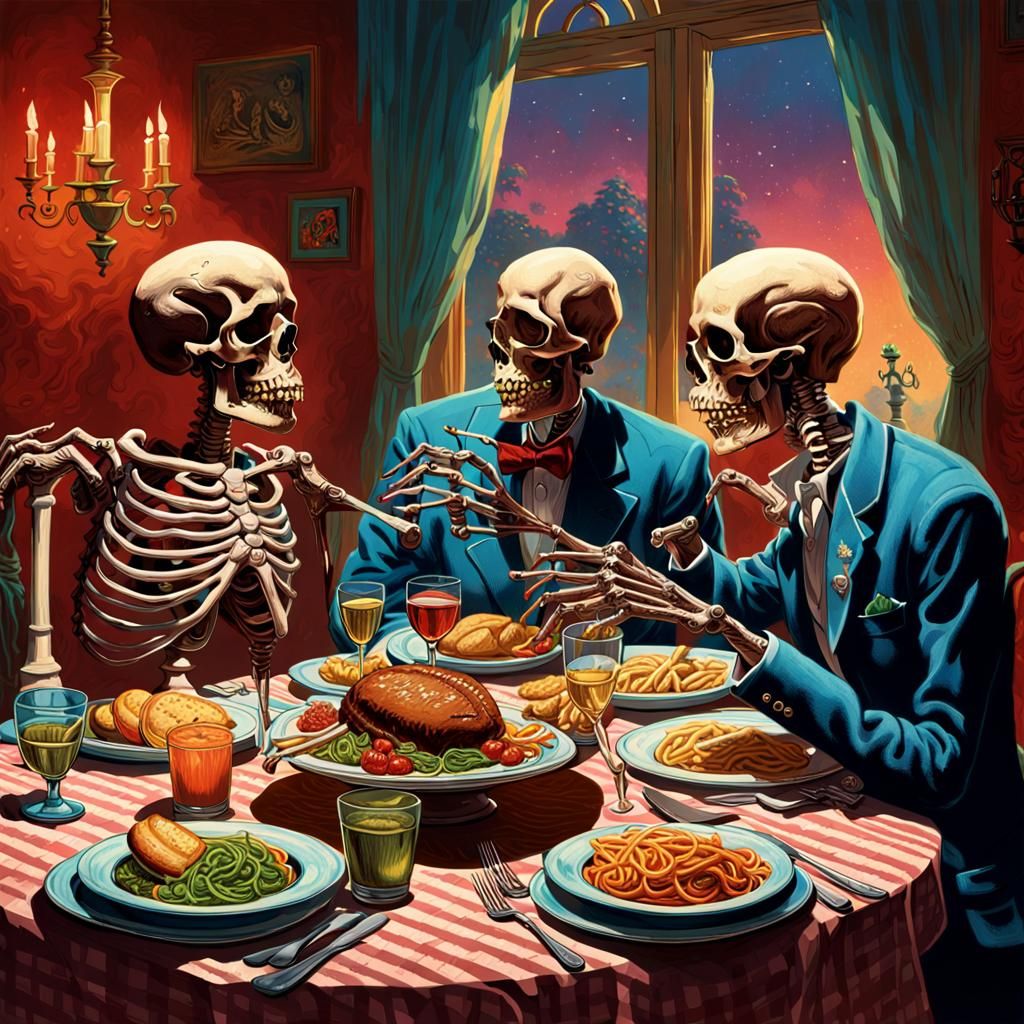 Skeletons Dine in a Hyperrealistic 1950s Diner