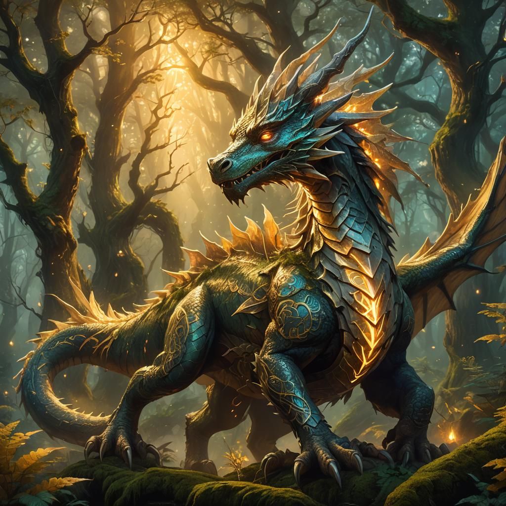 Mystical Wood Dragon in Enchanted Forest