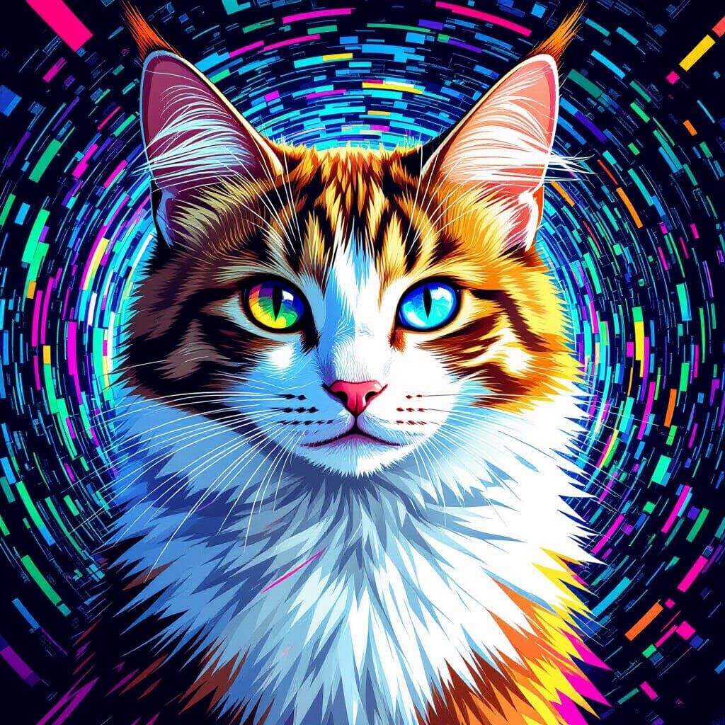 Fractured Warrior Cat Portrait in Glitch Art Style