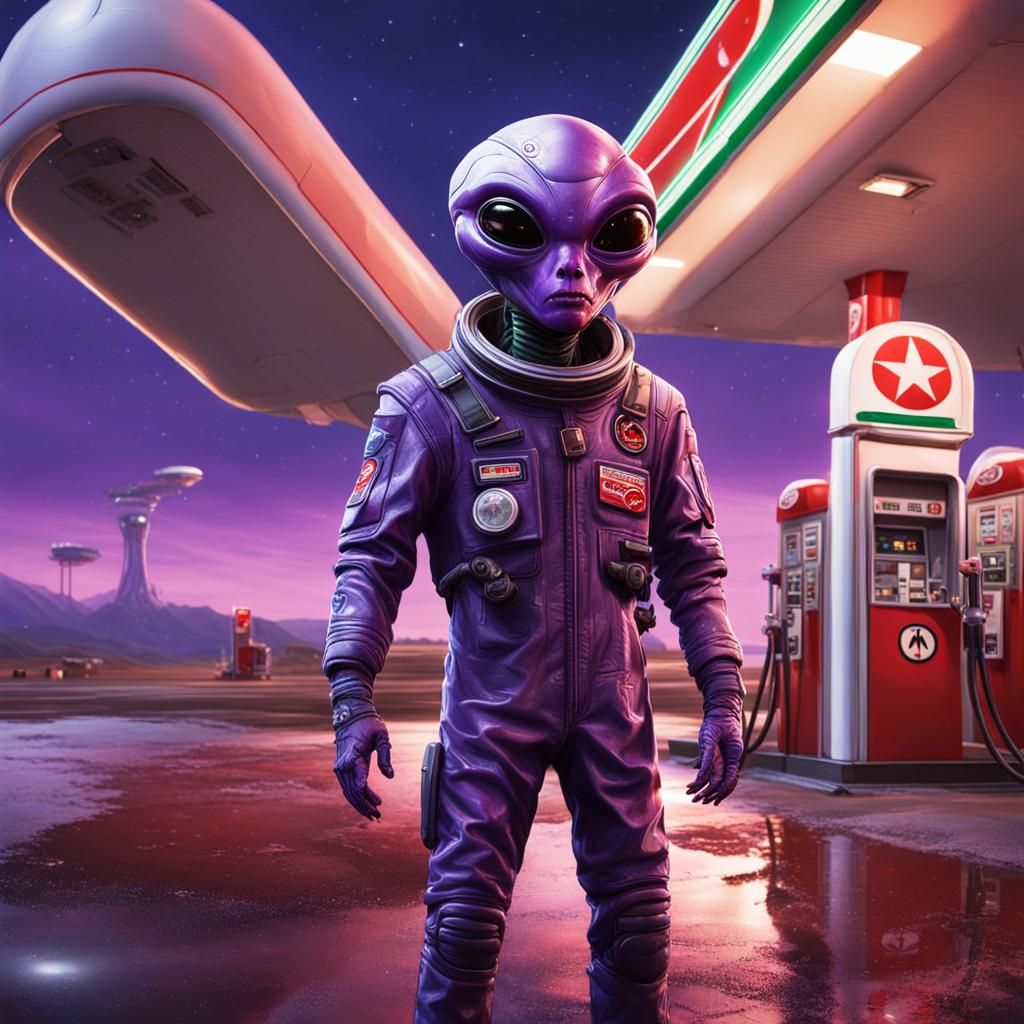 Hyperrealistic Alien Refuels Spaceship at Gas Station