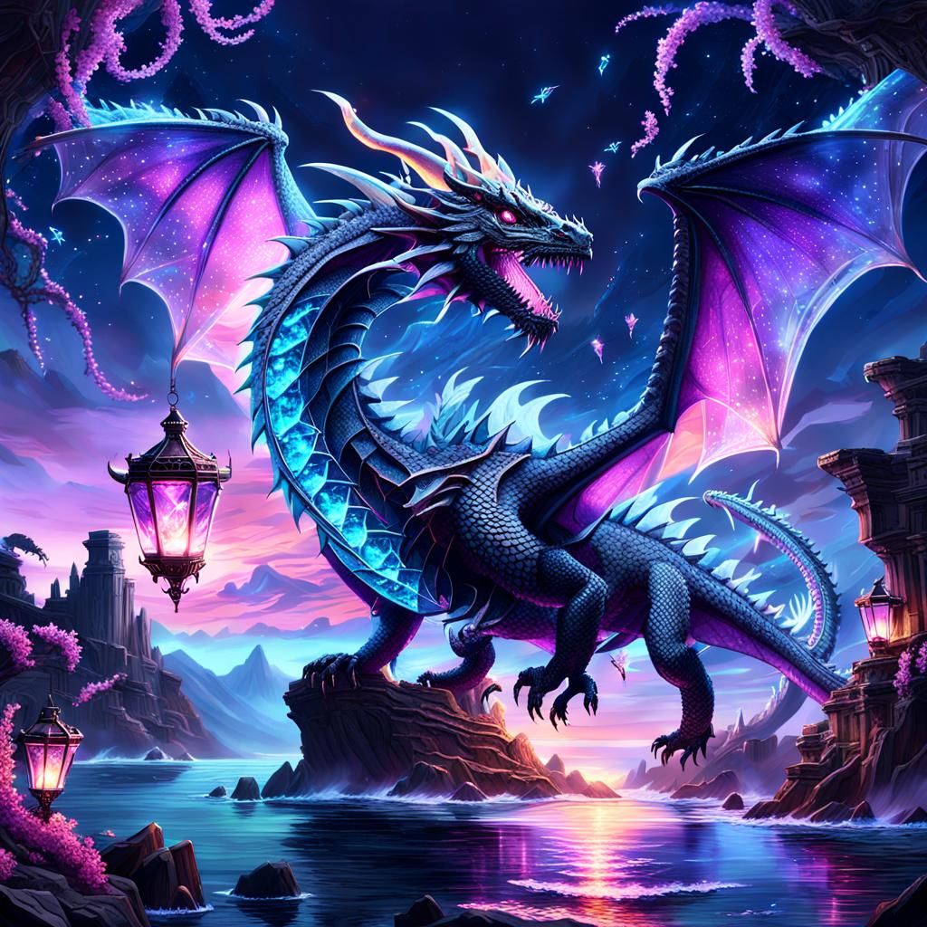 Crystal Dragon Soaring Over Twilight Ocean