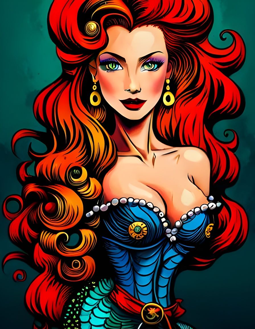 Mermaid Pirate Ship in Vintage Pop Art Style