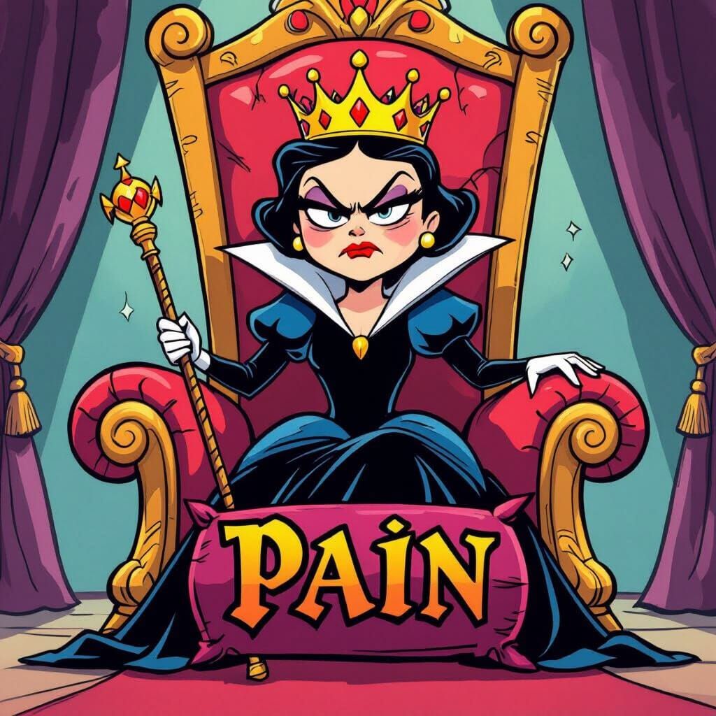 Annoyed Cartoon Queen on Throne with Slipping Crown