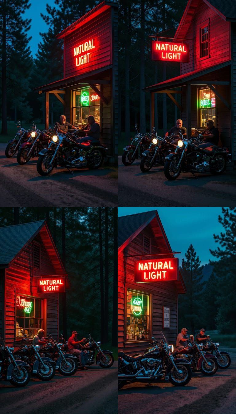 Backcountry Tavern with Neon Sign and Motorcycles at Night