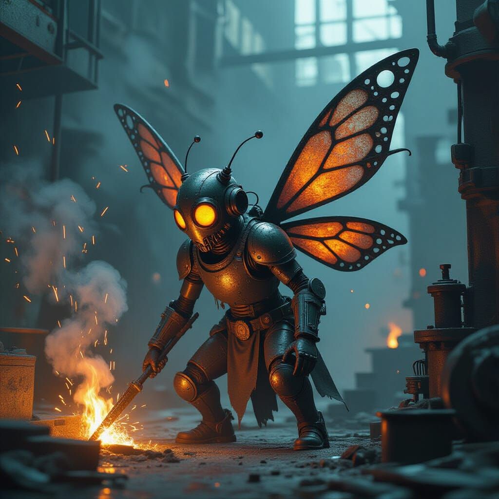 Steampunk Fairy in Dystopian Factory