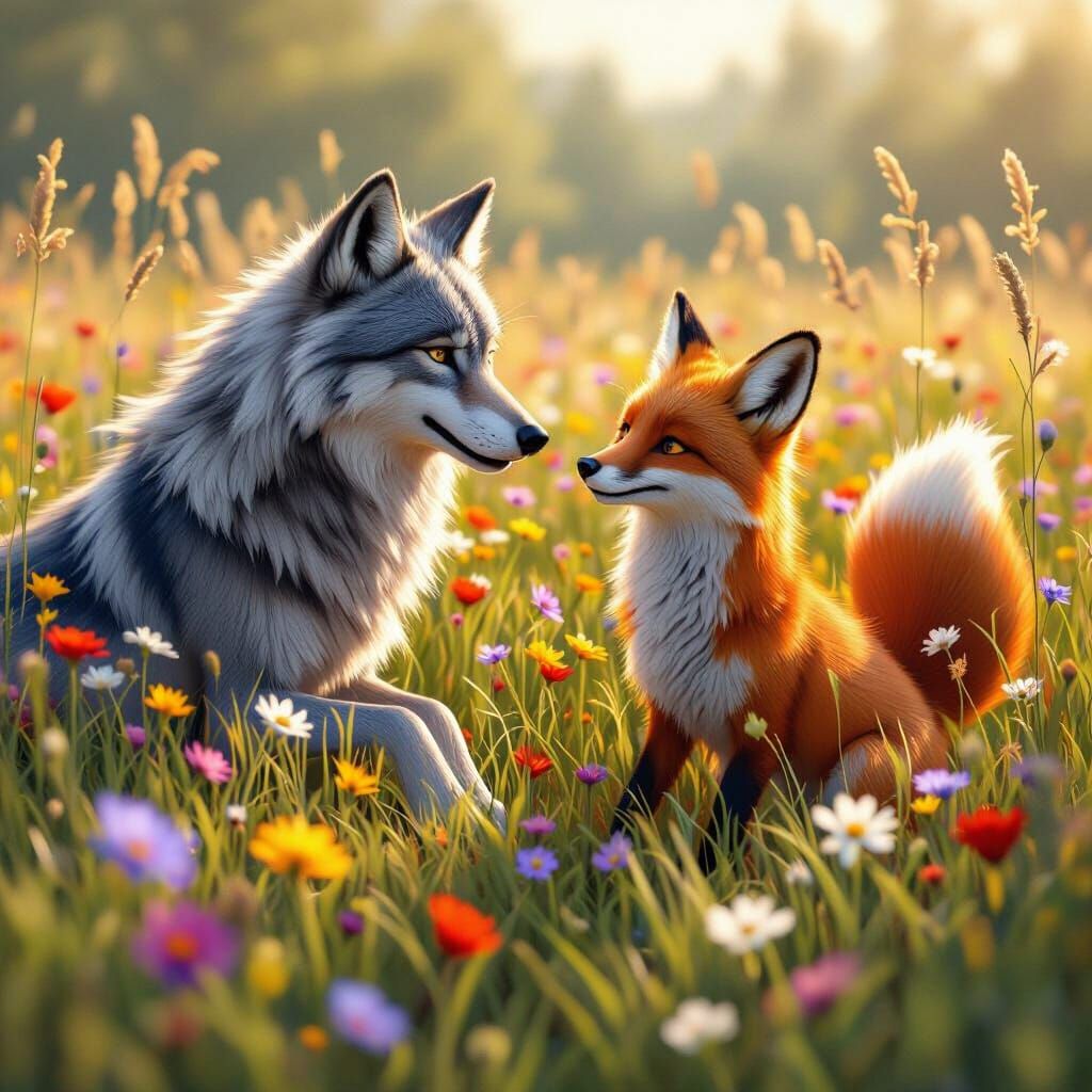 Wolf and Fox Play in Flower Field: 3D Render