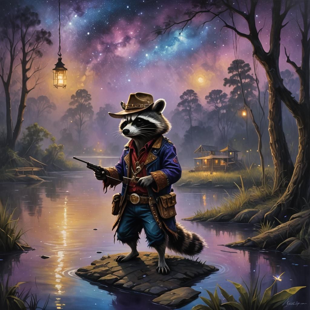 Surreal Bayou Scene with Cowboy Raccoon and Fireflies