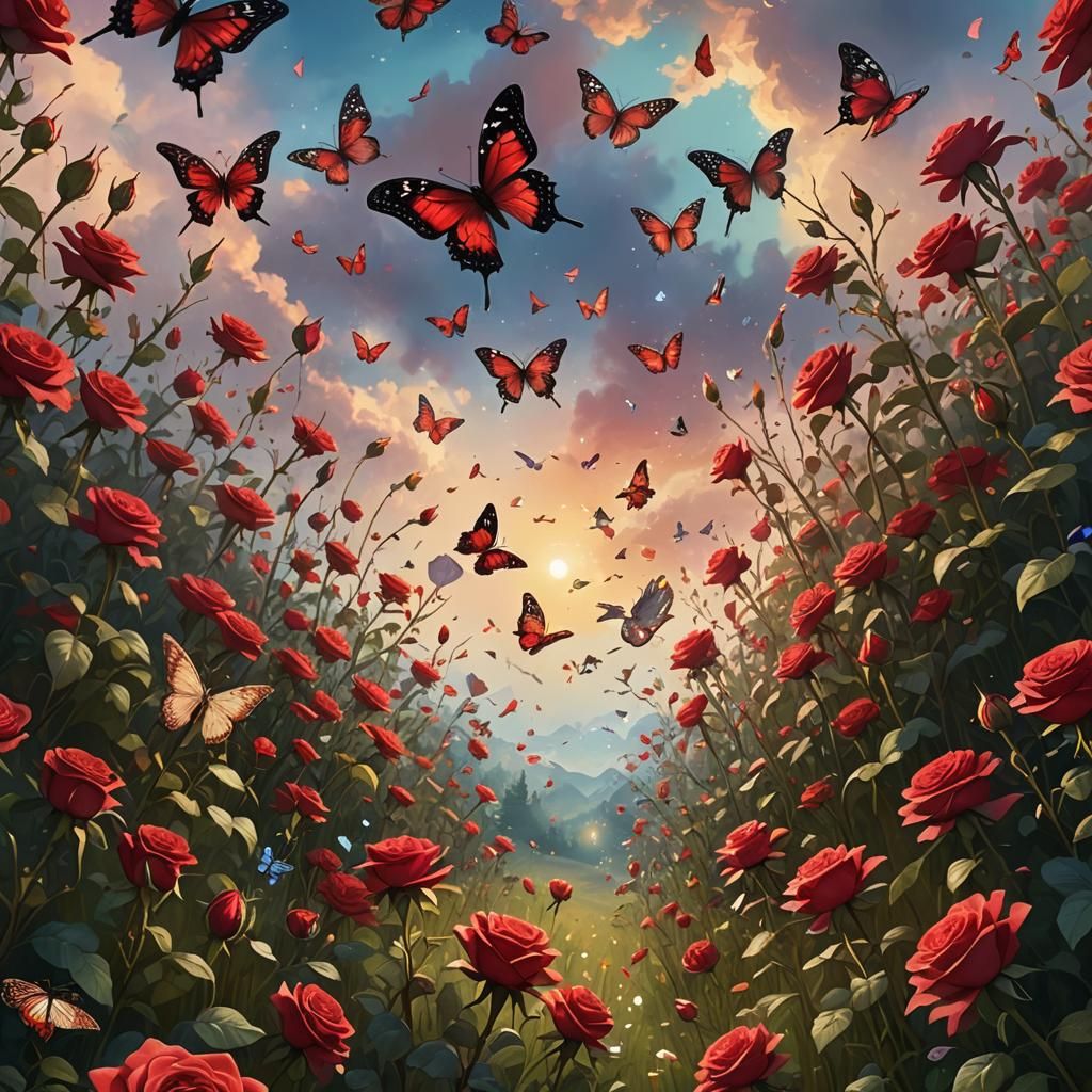 Lush Meadow with Diamond Roses and Butterflies