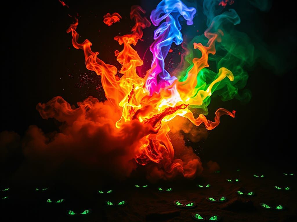 Vibrant Flame Dances in Smoky Maelstrom, Surrealist Style