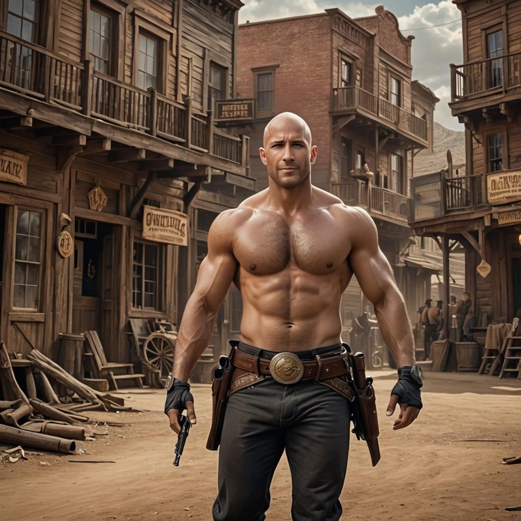 Shirtless Cowboy with Gunbelt in Wild West Town