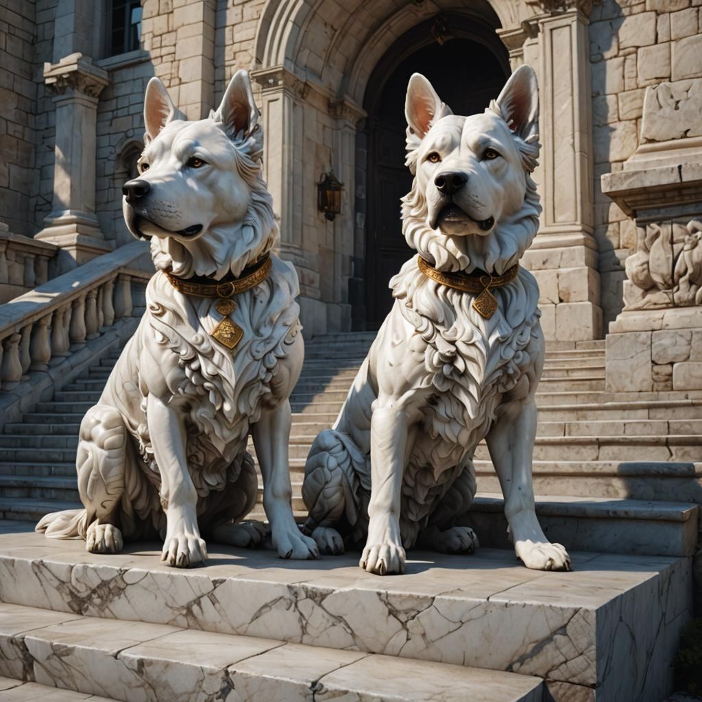 Hyperreal Marble Dog Statues at Castle Entrance