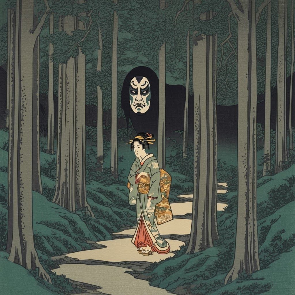 Edo Geisha on Forest Path with Kabuki Ghost