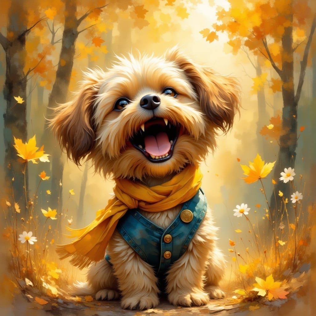 Painterly Storybook Dog Illustration in Autumn Leaves