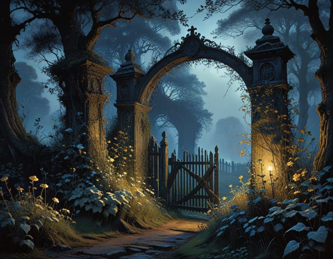 Mysterious Evening Garden Gate in Deep, Vibrant Hues
