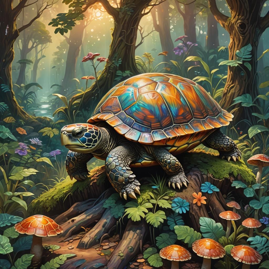 Intricate Turtle on Mushroom Root, Oil Painting