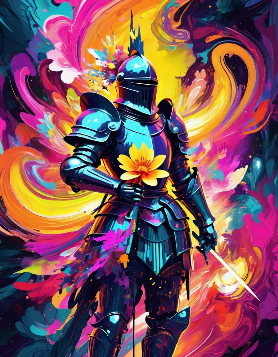 Cosmic Knight with Flower in Glitch Art Style