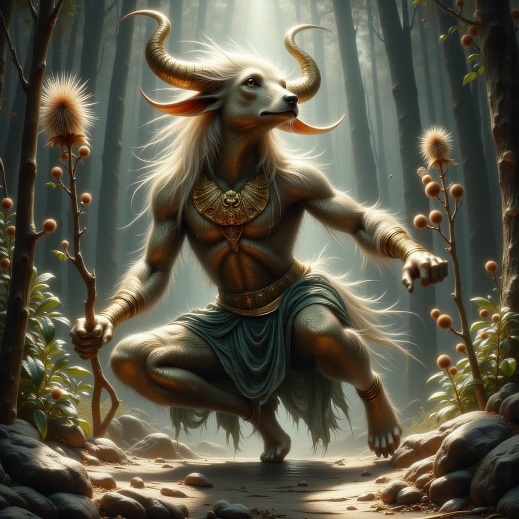 Mythical Satyr Creature in Enchanted Forest