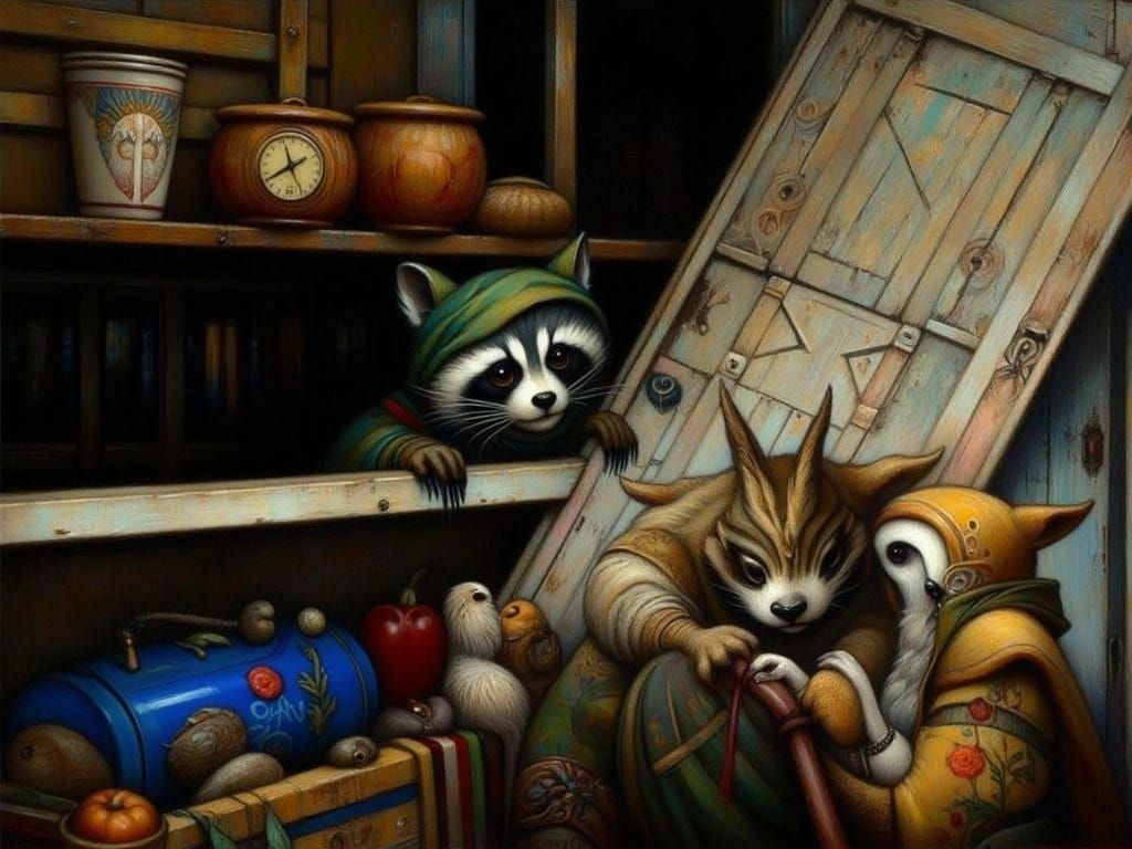Raccoons at Screen Door in Whimsical Folk Art Style