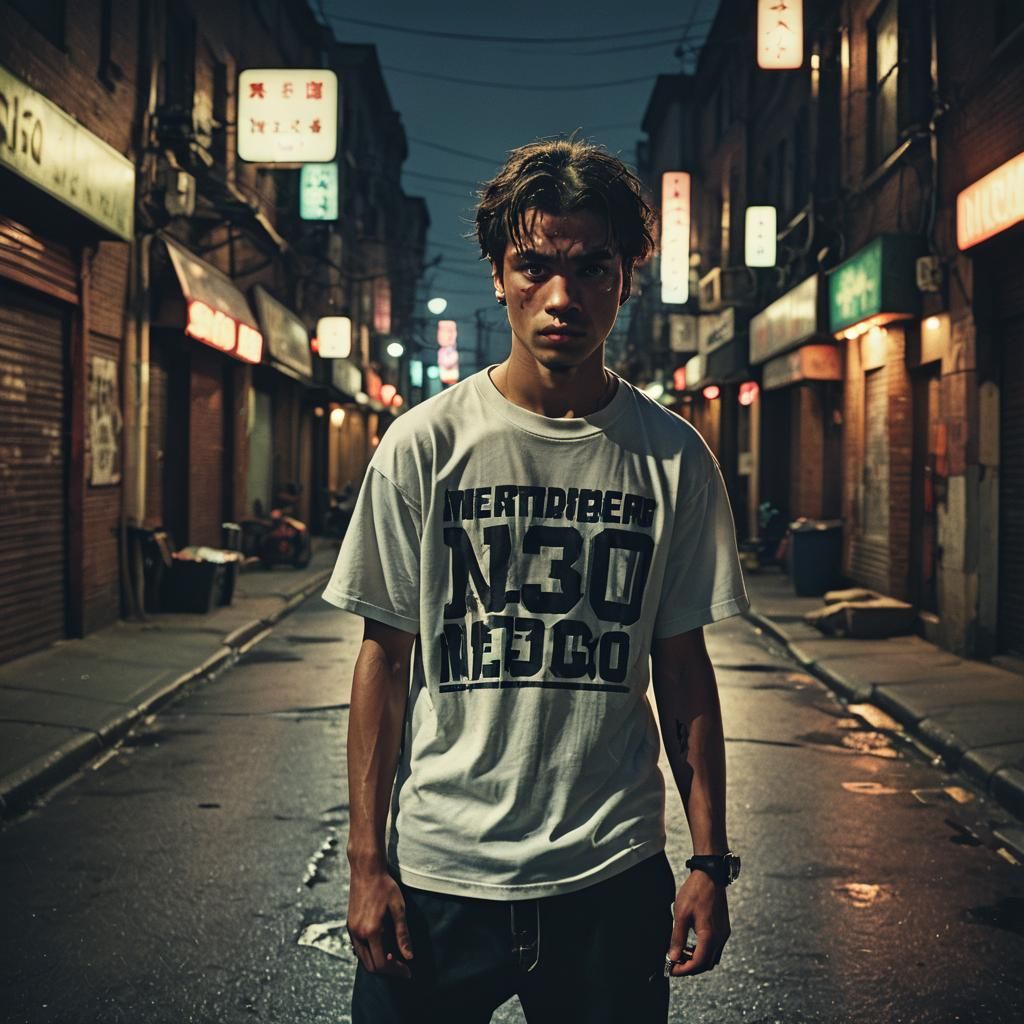 Intense Gang Member in Dark Alley at Dusk