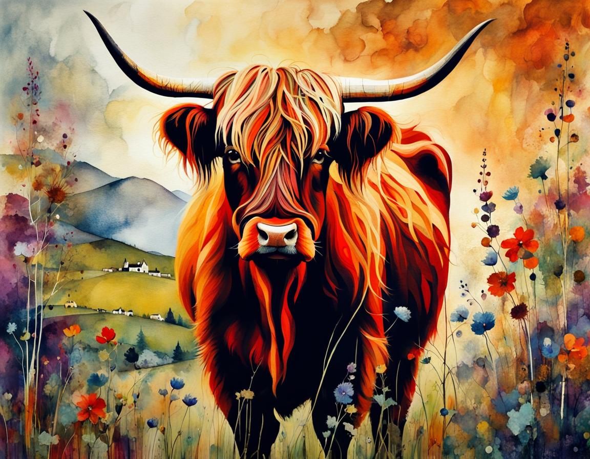 Highland Cow in Scottish Garden: Scandinavian Folk Art