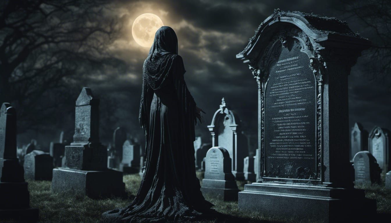 Spectral Woman Grieving at Cemetery at Night