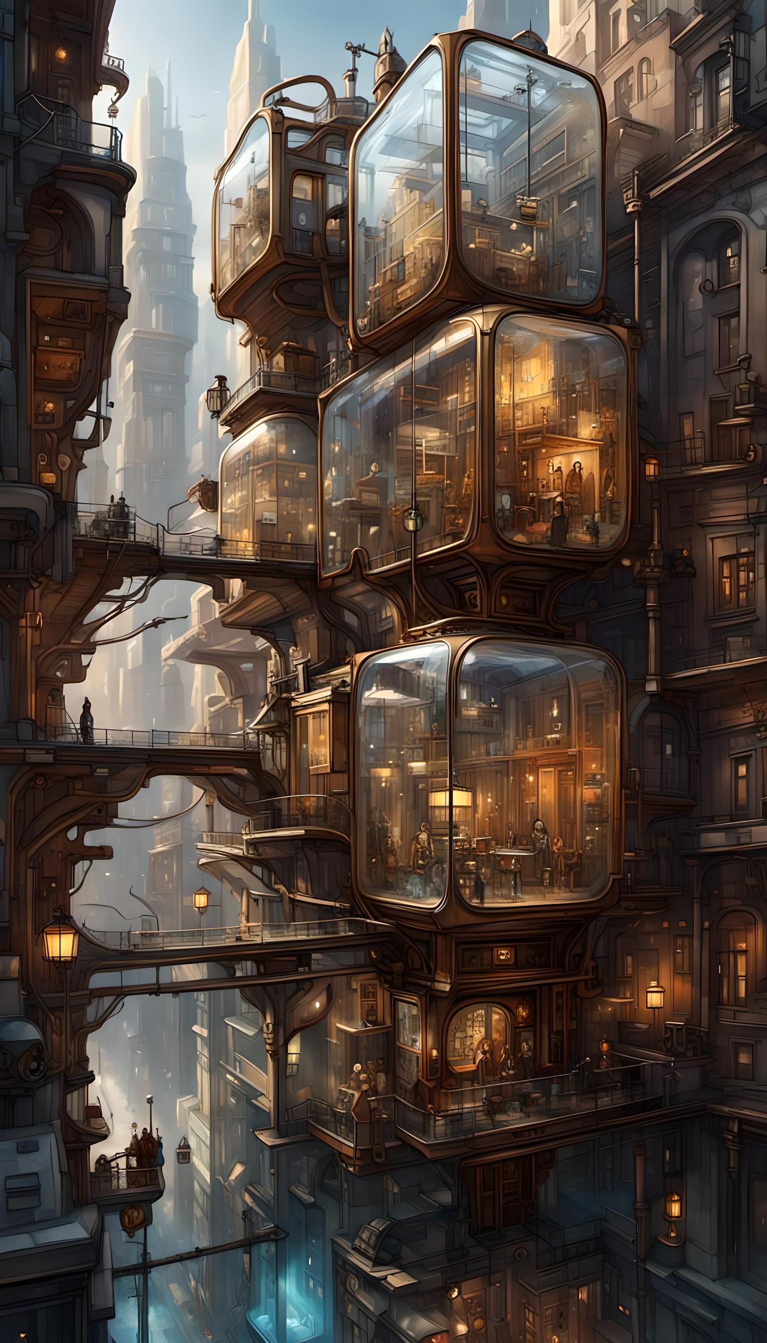 Futuristic Steampunk City in Glass Cube