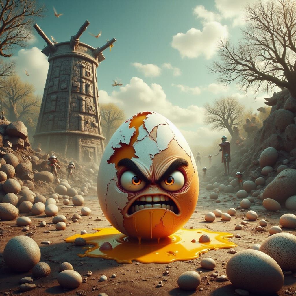 Medieval Trebuchet Scene with Angry Egg in Whimsical Theme P...