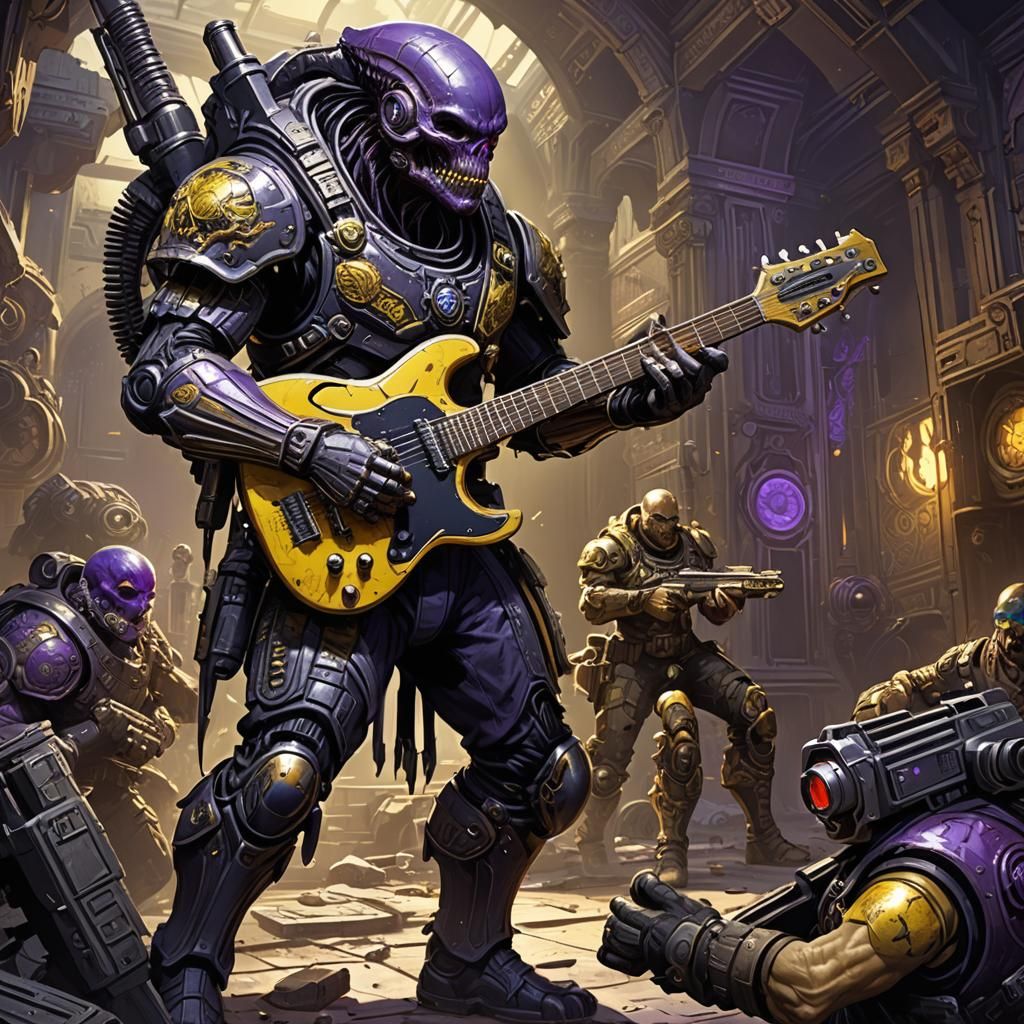 Elite Alien Intimidates Soldier with Guitar, Dark Fantasy Ar...