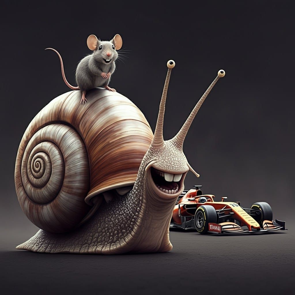 Racing Snail with Mouse Rider in Pencil Sketch