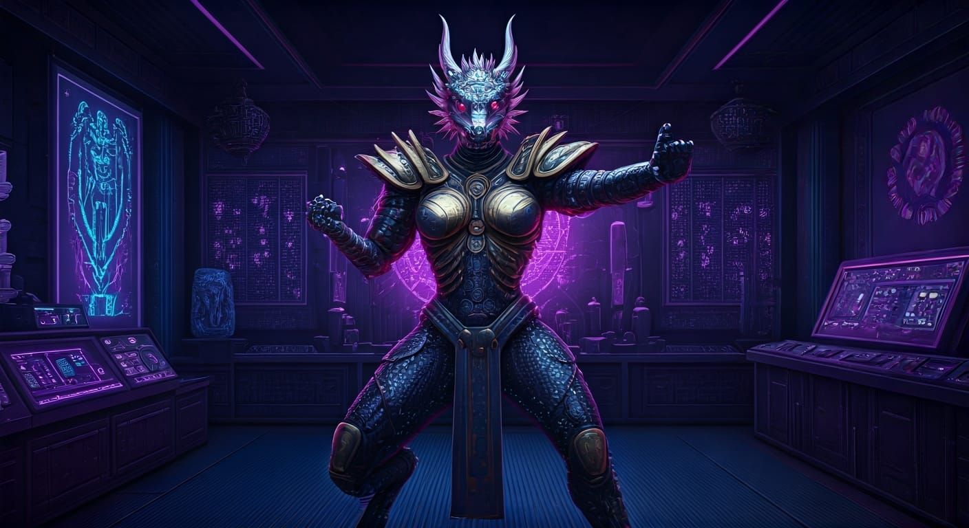 Cyberpunk Dragon-Woman in Futuristic Dojo