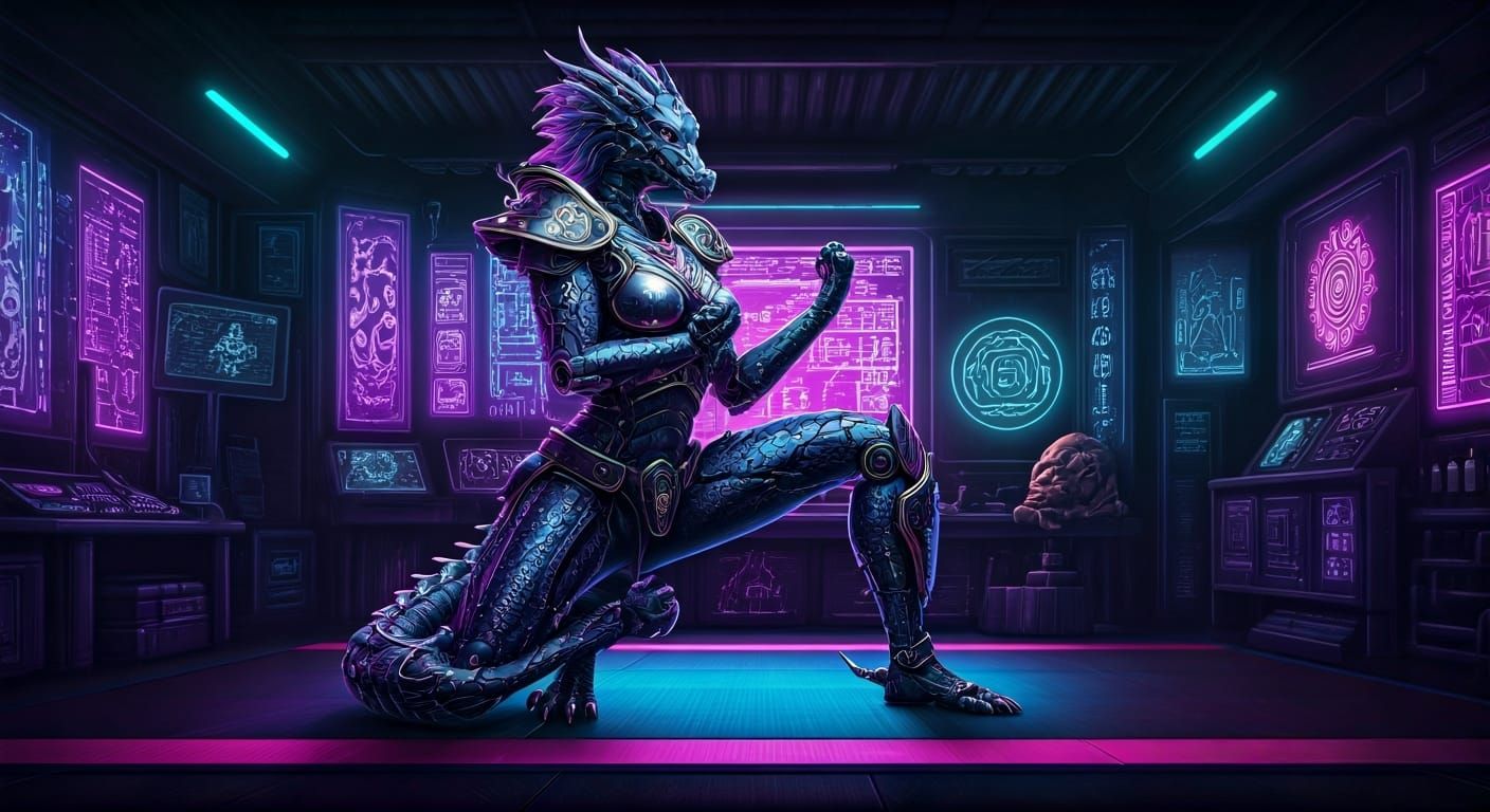 Celestial Dragon-Woman in Cyberpunk Dojo