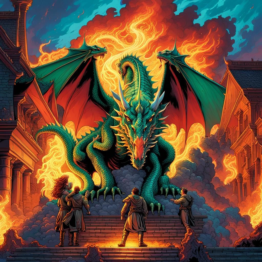 Three-Headed Dragon Unleashes Fire, Comic Book Art