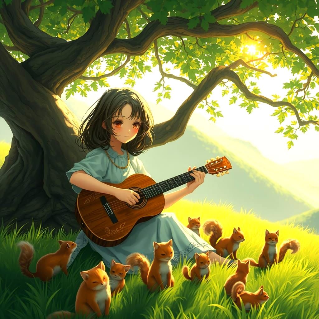 Girl Playing Guitar with Animals: 3D Anime Art