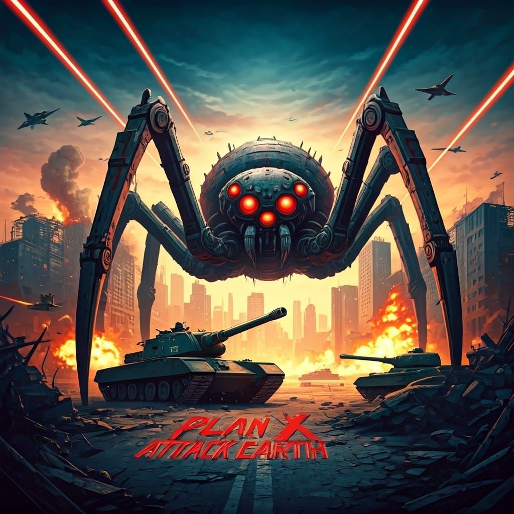 Giant Robot Spider Attacks Earth in Retro Sci-Fi Style