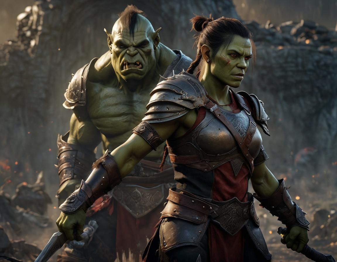 Powerful Orc Warrior in Battle: Hyperrealistic Digital Art