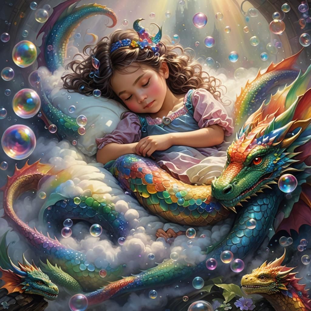 Girl Sleeping with Rainbow Dragon Tail