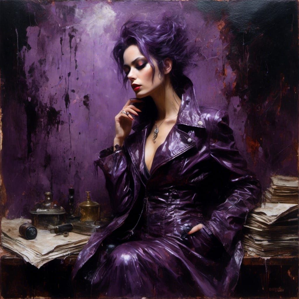 Brazilian Pixie in Latex Coat: Gothic Oil Painting