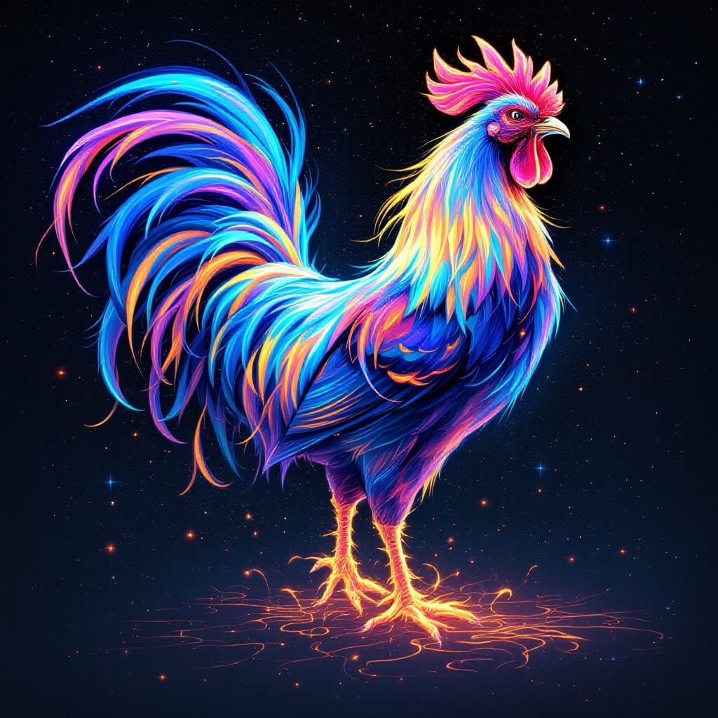 Surreal Cosmic Rooster in Vibrant Neon Colors