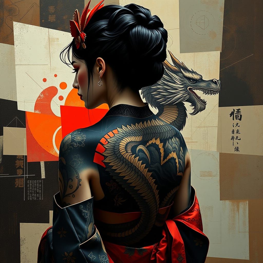 Geisha With Dragon Tattoo in Cubist Style
