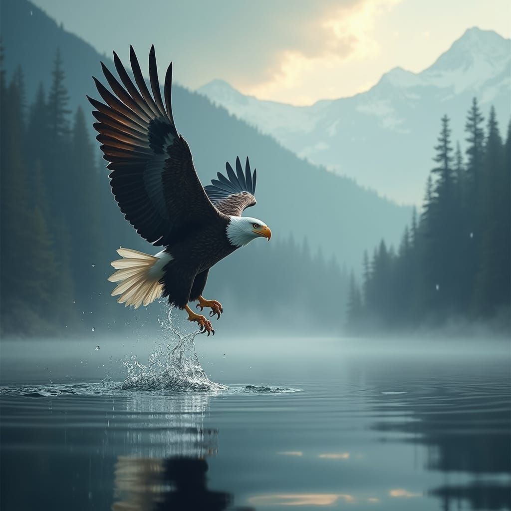 Majestic Eagle Soars Over Serene Lake with Jumping Fish